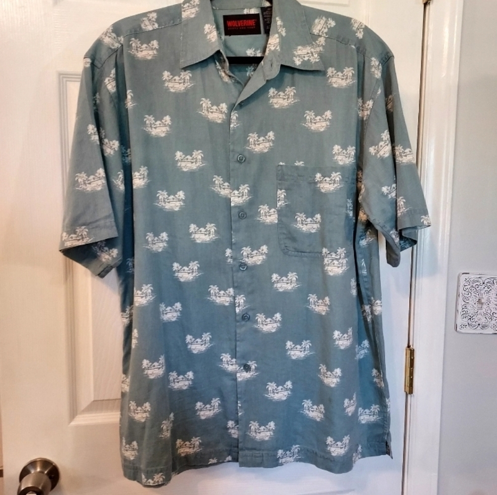 Wolverine Hawaiian Button Down Shirt Cotton Blue Medium Preppy Tiki Hut